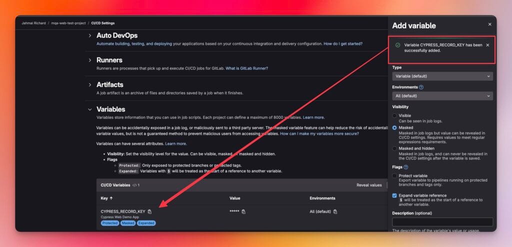 CYPRESS_RECORD_KEY Added To GitLab Variables