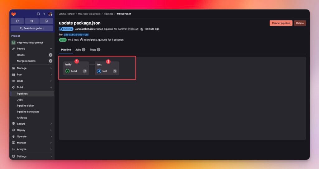 Pipeline with two stages: Build & Test