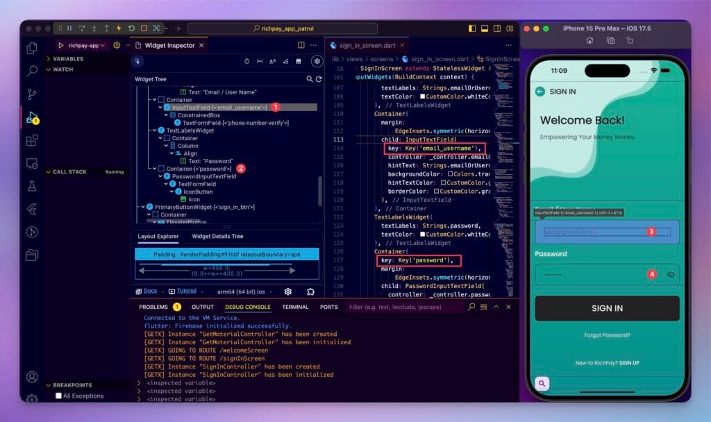 Widget Inspector Email & Password