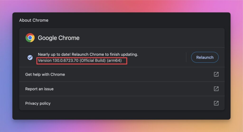 Google Chrome: About Chrome Version