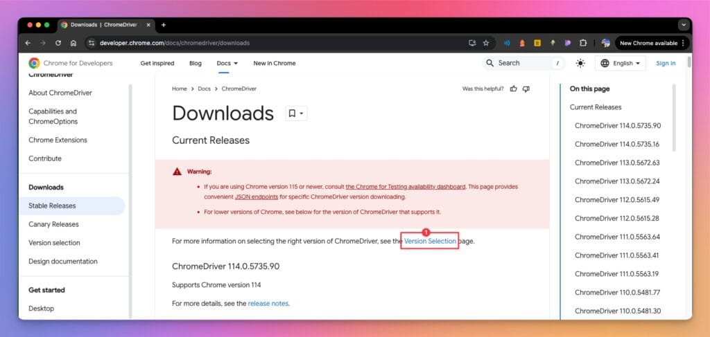 Google Chrome: ChromeDriver Download Page